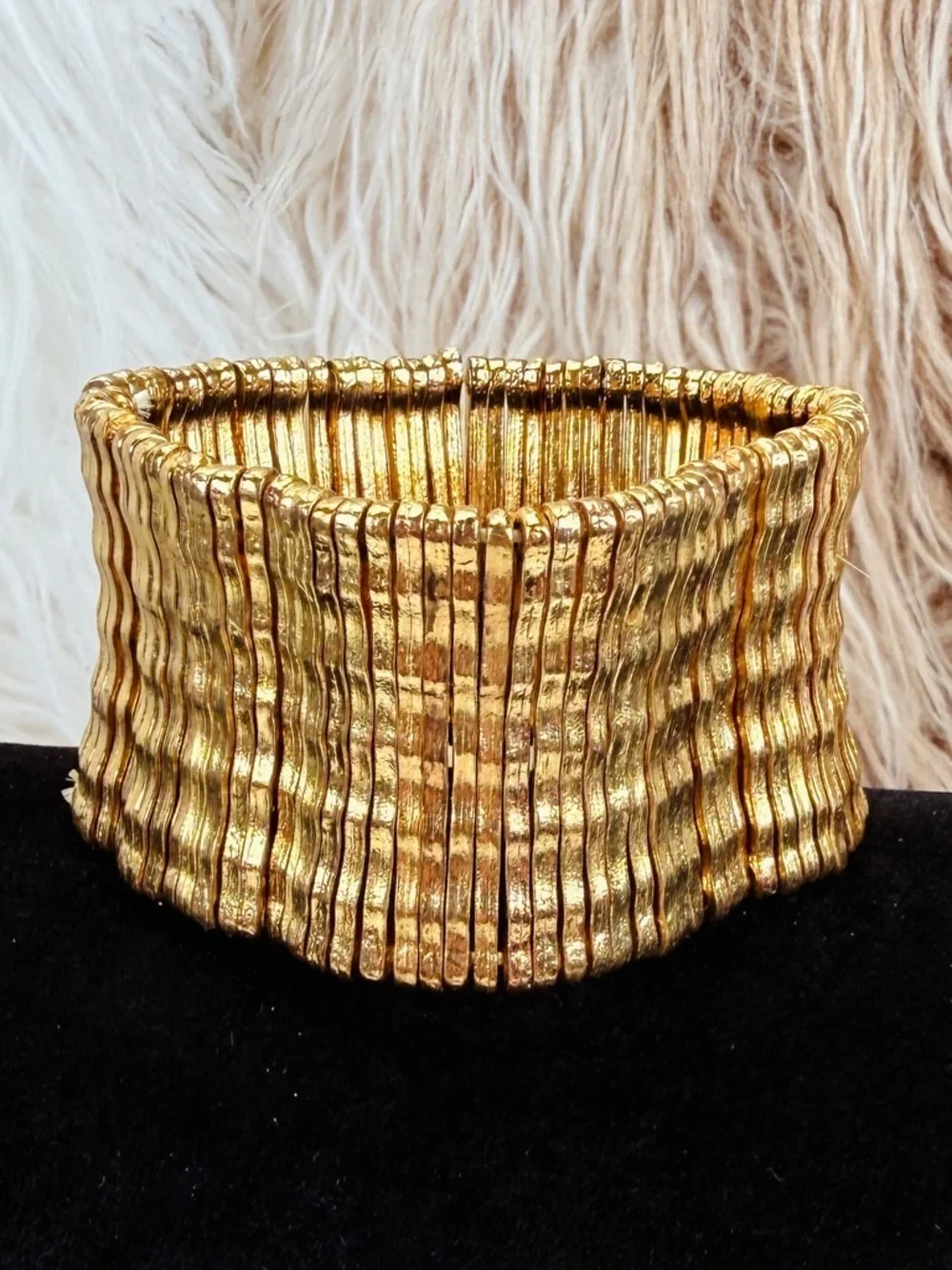 Goldtone Textured Wide Cuff Stretch Bracelet
